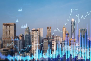 Pazar davranışı hologramı, günbatımı panoramik şehir görüntüsü, Güneydoğu Asya 'da mali derece alabilmek için popüler bir yer. Finansal veri analizi kavramı. Çift pozlama.