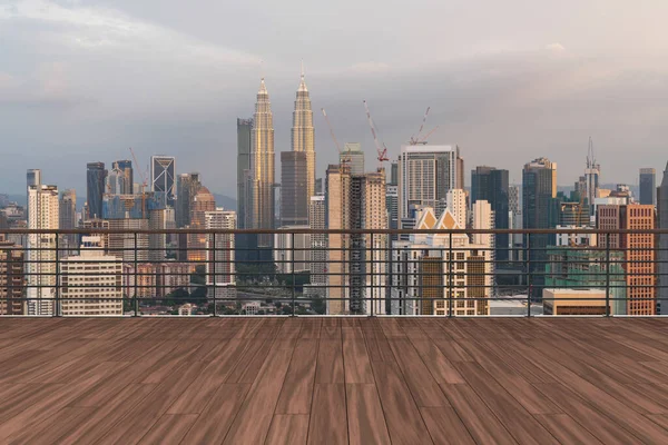Panoramic Kuala Lumpur skyline view, wooden observatory deck on rooftop, sunset. Asian corporate and residential lifestyle. Financial city downtown, real estate. Product display mockup empty roof — Stock Photo, Image