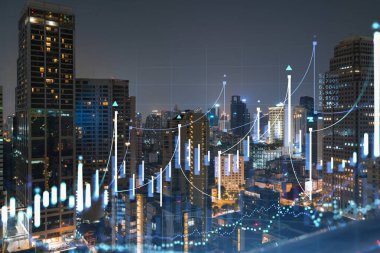 FOREX grafik hologramı, Bangkok 'un hava gece panoramik şehri, Güneydoğu Asya' daki borsa araştırmacıları için geliştirilmiş bir yer. Temel analiz kavramı. Çift pozlama.