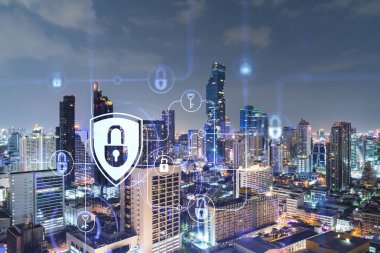 Parlayan Padlock hologramı, gece panoramik şehir görüntüsü Bangkok, Güneydoğu Asya. Şirketleri korumak için siber güvenlik kavramı. Çift pozlama.