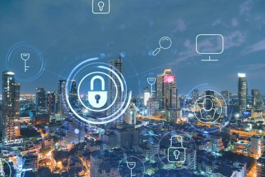 Parlayan Padlock hologramı, gece panoramik şehir görüntüsü Bangkok, Güneydoğu Asya. Şirketleri korumak için siber güvenlik kavramı. Çift pozlama.