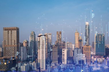 Pazar davranışı hologramı, günbatımı panoramik şehir görüntüsü, Güneydoğu Asya 'da mali derece alabilmek için popüler bir yer. Finansal veri analizi kavramı. Çift pozlama.