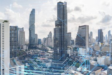 Panorama şehrinin Bangkok manzarası üzerinde teknoloji hologramı. Güneydoğu Asya 'nın en büyük teknoloji merkezi. Kodlama ve yüksek teknoloji geliştirme kavramı. Çift pozlama.
