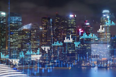 Borsa hologramı, Singapur 'un gece manzarası, Asya' da finansal eğitim almak için popüler bir yer. Uluslararası araştırma kavramı. Çift pozlama.