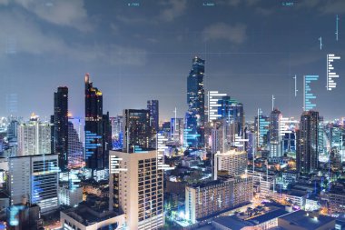 FOREX grafik hologramı, Bangkok 'un hava gece panoramik şehri, Güneydoğu Asya' daki borsa araştırmacıları için geliştirilmiş bir yer. Temel analiz kavramı. Çift pozlama.
