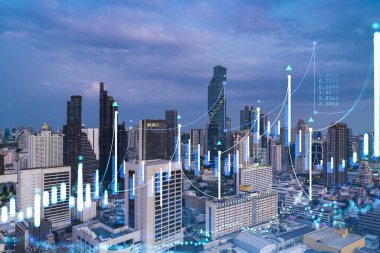 Işık saçan FOREX grafik hologramı, gün batımında Bangkok 'un panoramik şehir manzarası. Güneydoğu Asya 'da hisse ve tahvil ticareti. Fon yönetimi kavramı. Çift pozlama.