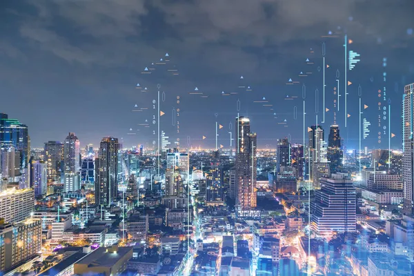 FOREX grafik hologramı, Bangkok 'un hava gece panoramik şehri, Güneydoğu Asya' daki borsa araştırmacıları için geliştirilmiş bir yer. Temel analiz kavramı. Çift pozlama.