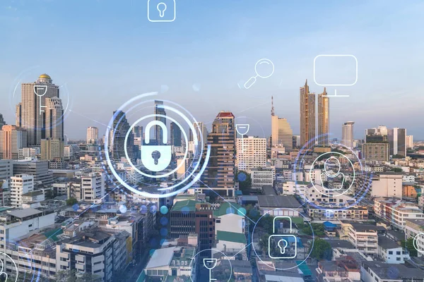 Hologram of Padlock on sunset panoramic cityscape of Bangkok, Southeast Asia. The concept of cyber security intelligence. Multi exposure. — Stock Photo, Image