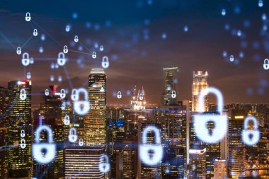 Parlayan Padlock hologramı, Singapur, Asya 'nın gece panoramik şehir manzarası. Şirketleri korumak için siber güvenlik kavramı. Çift pozlama.
