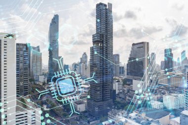 Panorama şehrinin Bangkok manzarası üzerinde teknoloji hologramı. Güneydoğu Asya 'nın en büyük teknoloji merkezi. Kodlama ve yüksek teknoloji geliştirme kavramı. Çift pozlama.