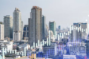 Güneydoğu Asya 'daki iş merkezi Bangkok' un Panorama şehri manzarası üzerine finansal hisse senedi hologramı. Uluslararası işlem kavramı. Çift pozlama.