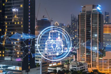 Parlayan Padlock hologramı, gece panoramik şehir görüntüsü Bangkok, Güneydoğu Asya. Şirketleri korumak için siber güvenlik kavramı. Çift pozlama.