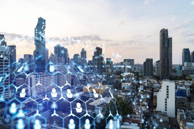 Bangkok, Güneydoğu Asya 'nın günbatımı panoramik şehri üzerine sosyal medya simgelerinin hologramı. İnsan ilişkileri ve kariyer fırsatları kavramı. Çoklu pozlama.