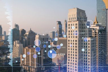 Pazar davranışı hologramı, günbatımı panoramik şehir görüntüsü, Güneydoğu Asya 'da mali derece alabilmek için popüler bir yer. Finansal veri analizi kavramı. Çift pozlama.