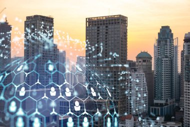 Bangkok, Güneydoğu Asya 'nın günbatımı panoramik şehri üzerine sosyal medya simgelerinin hologramı. İnsan ilişkileri ve kariyer fırsatları kavramı. Çoklu pozlama.