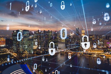 Parlayan Padlock hologramı, Singapur, Asya 'nın gece panoramik şehir manzarası. Şirketleri korumak için siber güvenlik kavramı. Çift pozlama.