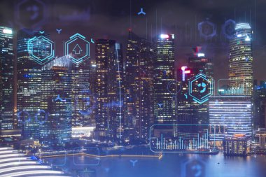 Bilgi akışı hologramı, Singapur 'un gece manzarası. Asya 'daki en büyük teknoloji merkezi. Bilimi programlama kavramı. Çift pozlama.
