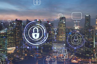 Parlayan Padlock hologramı, Singapur, Asya 'nın gece panoramik şehir manzarası. Şirketleri korumak için siber güvenlik kavramı. Çift pozlama.