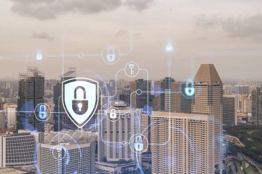 Asya, Singapur 'un günbatımı panoramik şehir manzarasında Padlock' un hologramı. Siber güvenlik istihbaratı kavramı. Çoklu pozlama.