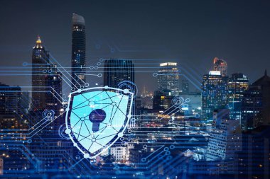 Parlayan Padlock hologramı, gece panoramik şehir görüntüsü Bangkok, Güneydoğu Asya. Şirketleri korumak için siber güvenlik kavramı. Çift pozlama.