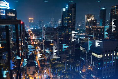 Borsa grafiği hologramı, Bangkok 'un gece manzarası, Güneydoğu Asya' da mali eğitim almak için popüler bir yer. Uluslararası araştırma kavramı. Çift pozlama.