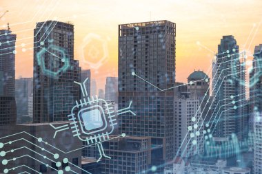 Parlak teknolojik süreç hologramı, gün batımında Bangkok 'un havadan panoramik manzarası. Güneydoğu Asya 'daki en büyük yenilikçi teknoloji merkezi. Çoklu pozlama.