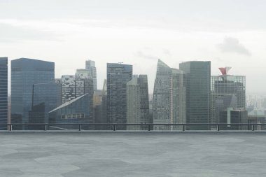 Panoramik Singapur gökyüzü manzarası, çatıda beton gözlemevi güvertesi, gündüz. Asyalı şirket ve yaşam tarzı. Şehir merkezinde finans şehri, gayrimenkul. Ürün ekran modeli boş çatı