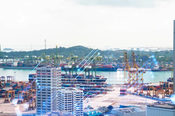 Technologie-Hologramm über dem Stadtpanorama von Singapur. Das größte Technologiezentrum Asiens. Das Konzept der Entwicklung von Codierung und High-Tech-Wissenschaft. Doppelbelastung. — Stockfoto