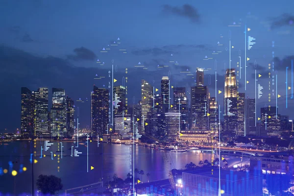 Hologram wykresu FOREX, panoramiczny panoramiczny krajobraz Singapuru, rozwinięta lokalizacja dla badaczy rynku akcji w Azji. Koncepcja analizy fundamentalnej. Podwójna ekspozycja. — Zdjęcie stockowe