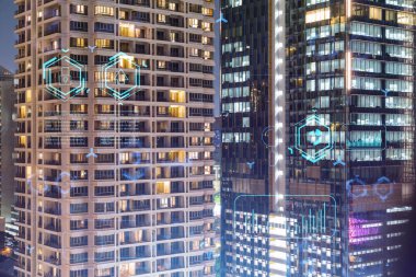 Bilgi akışı hologramı, Bangkok 'un gece manzarası. Güneydoğu Asya 'nın en büyük teknoloji merkezi. Bilimi programlama kavramı. Çift pozlama.