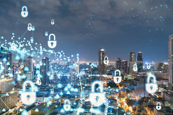 Parlayan Padlock hologramı, gece panoramik şehir görüntüsü Bangkok, Güneydoğu Asya. Şirketleri korumak için siber güvenlik kavramı. Çift pozlama.