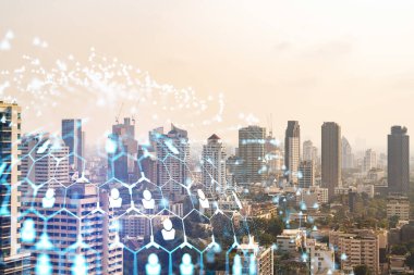 Sosyal medya, Bangkok, Güneydoğu Asya 'nın Panorama şehri manzarası üzerinde hologramı simgeliyor. Halkla ilişkiler, bağlantılar ve kariyer fırsatları kavramı. Çift pozlama.