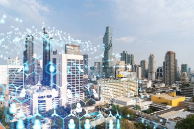 Sosyal medya, Bangkok, Güneydoğu Asya 'nın Panorama şehri manzarası üzerinde hologramı simgeliyor. Halkla ilişkiler, bağlantılar ve kariyer fırsatları kavramı. Çift pozlama.