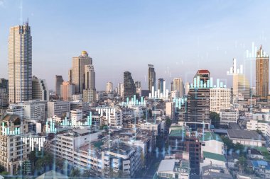 Güneydoğu Asya 'daki iş merkezi Bangkok' un Panorama şehri manzarası üzerine finansal hisse senedi hologramı. Uluslararası işlem kavramı. Çift pozlama.