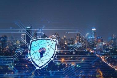 Parlayan Padlock hologramı, gece panoramik şehir görüntüsü Bangkok, Güneydoğu Asya. Şirketleri korumak için siber güvenlik kavramı. Çift pozlama.