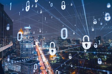Parlayan Padlock hologramı, gece panoramik şehir görüntüsü Bangkok, Güneydoğu Asya. Şirketleri korumak için siber güvenlik kavramı. Çift pozlama.