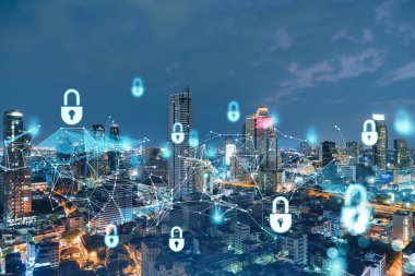 Parlayan Padlock hologramı, gece panoramik şehir görüntüsü Bangkok, Güneydoğu Asya. Şirketleri korumak için siber güvenlik kavramı. Çift pozlama.