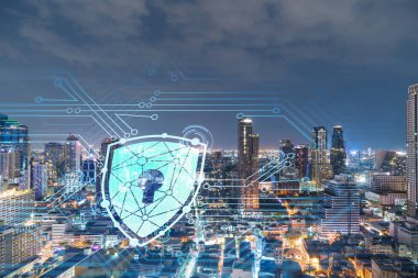 Parlayan Padlock hologramı, gece panoramik şehir görüntüsü Bangkok, Güneydoğu Asya. Şirketleri korumak için siber güvenlik kavramı. Çift pozlama.