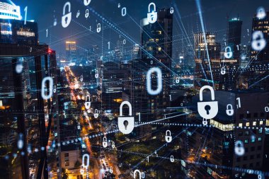 Parlayan Padlock hologramı, gece panoramik şehir görüntüsü Bangkok, Güneydoğu Asya. Şirketleri korumak için siber güvenlik kavramı. Çift pozlama.