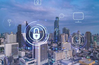 Güneydoğu Asya, Bangkok 'un günbatımı panoramik şehir manzarasında Padlock' un hologramı. Siber güvenlik istihbaratı kavramı. Çoklu pozlama.