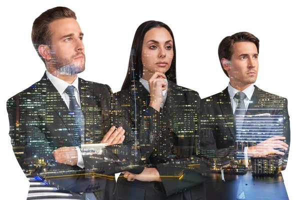 Three positive business people consultants in suits, crossed arms pose. Asia corporate lifestyle, multinational diverse young professionals. Night Singapore city view. Double exposure — Stock Photo, Image