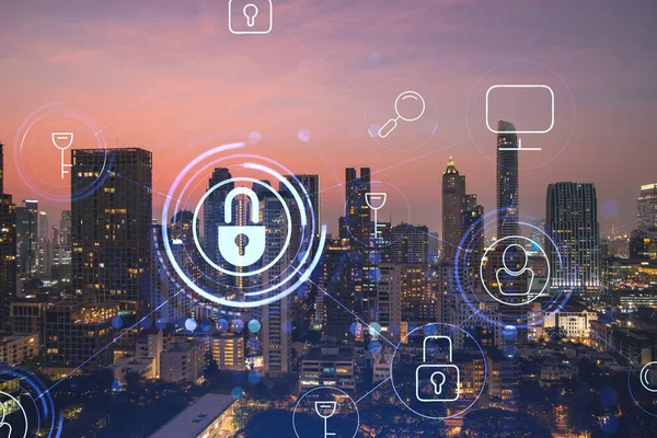 Güneydoğu Asya, Bangkok 'un günbatımı panoramik şehir manzarasında Padlock' un hologramı. Siber güvenlik istihbaratı kavramı. Çoklu pozlama.