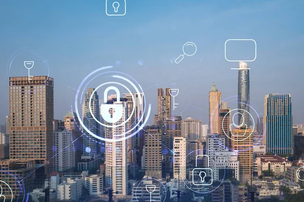 Güneydoğu Asya, Bangkok 'un günbatımı panoramik şehir manzarasında Padlock' un hologramı. Siber güvenlik istihbaratı kavramı. Çoklu pozlama.