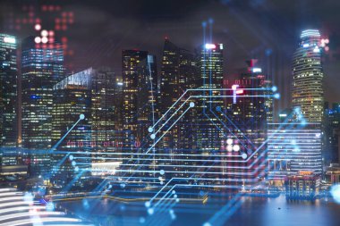 Bilgi akışı hologramı, Singapur 'un gece manzarası. Asya 'daki en büyük teknoloji merkezi. Bilimi programlama kavramı. Çift pozlama.