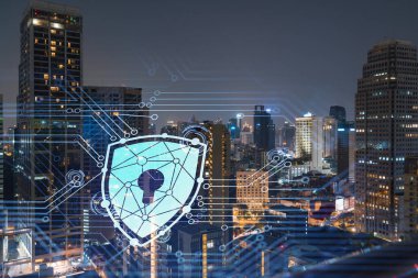 Parlayan Padlock hologramı, gece panoramik şehir görüntüsü Bangkok, Güneydoğu Asya. Şirketleri korumak için siber güvenlik kavramı. Çift pozlama.