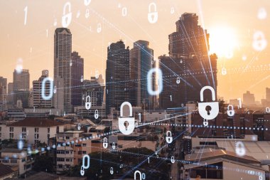 Güneydoğu Asya, Bangkok 'un günbatımı panoramik şehir manzarasında Padlock' un hologramı. Siber güvenlik istihbaratı kavramı. Çoklu pozlama.
