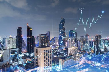 FOREX grafik hologramı, Bangkok 'un hava gece panoramik şehri, Güneydoğu Asya' daki borsa araştırmacıları için geliştirilmiş bir yer. Temel analiz kavramı. Çift pozlama.