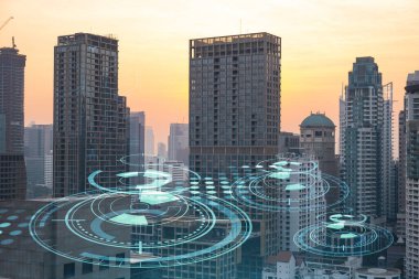 Parlak teknolojik süreç hologramı, gün batımında Bangkok 'un havadan panoramik manzarası. Güneydoğu Asya 'daki en büyük yenilikçi teknoloji merkezi. Çoklu pozlama.