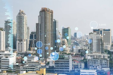 Güneydoğu Asya 'daki iş merkezi Bangkok' un Panorama şehri manzarası üzerine finansal hisse senedi hologramı. Uluslararası işlem kavramı. Çift pozlama.
