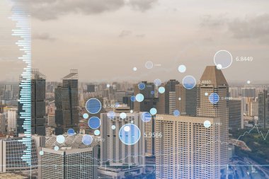 Pazar davranışı hologramı, Singapur 'un günbatımı panoramik şehir görüntüsü, Güneydoğu Asya' da mali derece elde etmek için popüler bir yer. Finansal veri analizi kavramı. Çift pozlama.